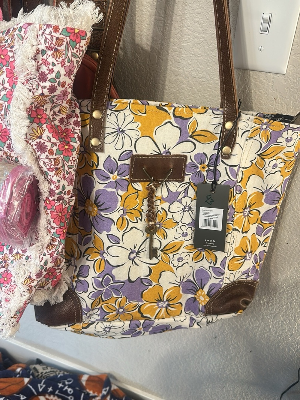 Myra Bag Yellow & Purple Floral Canvas Shoulder Tote with Brown Trim